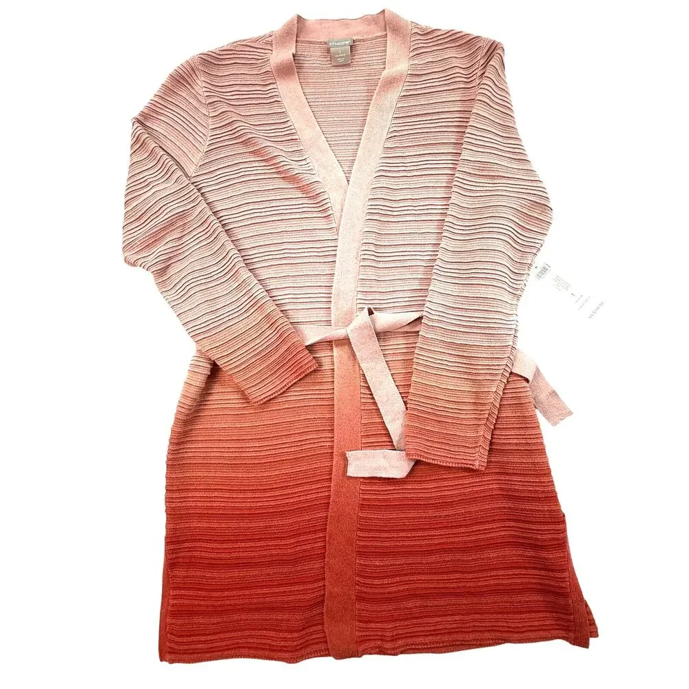 Chico’s Ombre Longline Cardigan Sweater Pink to Rust Open Front Size 1 - Picture 2 of 13